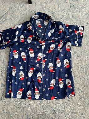 Navy Santa Print Short-Sleeve Pajama Top